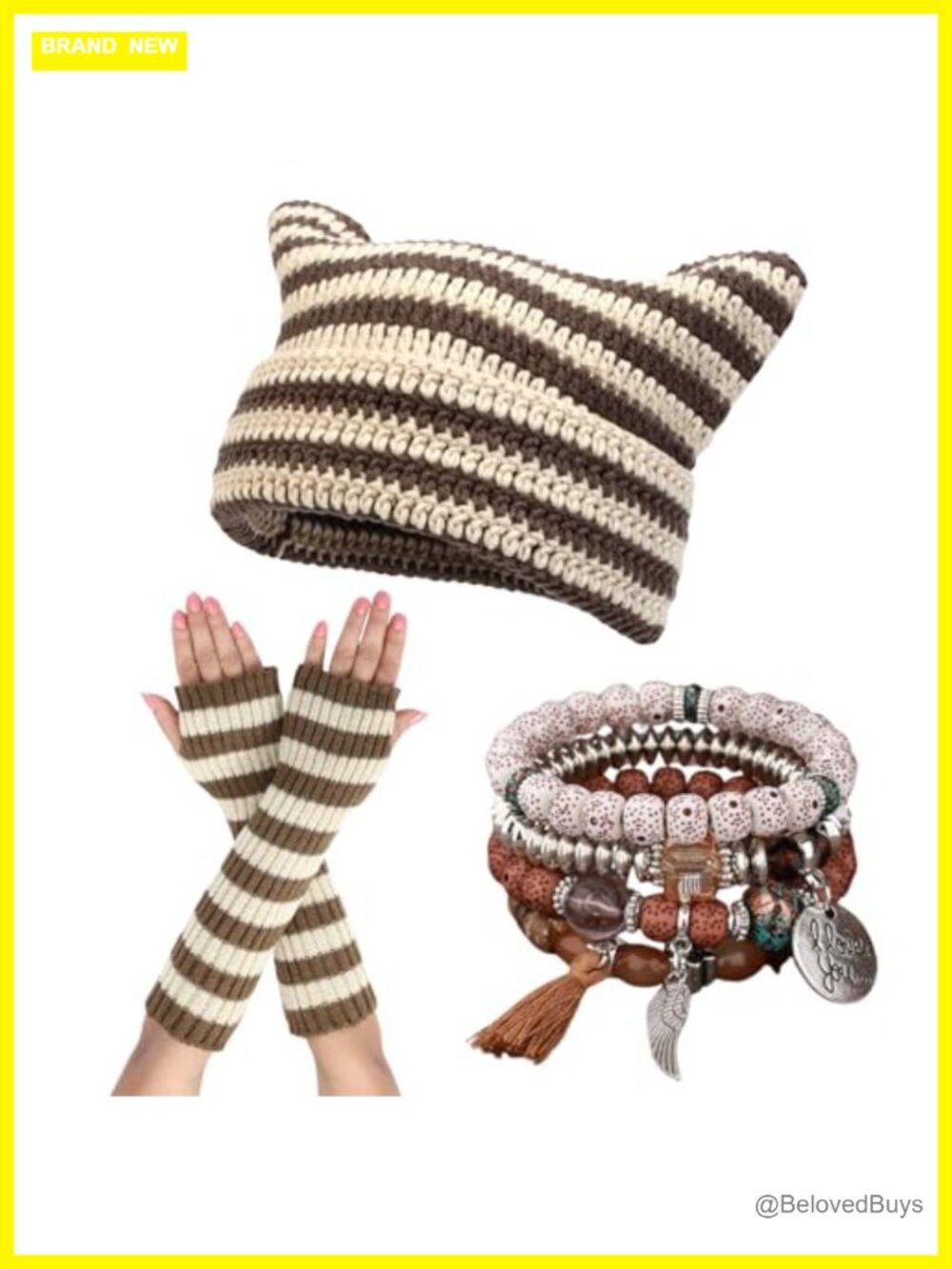 Cat Ear Beanie Fingerless Gloves Stackable Bracelets Y2K Grunge Set